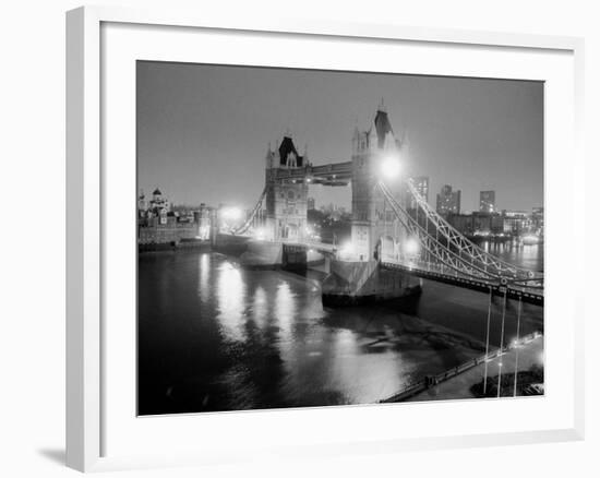 A View of Tower Bridge on the River Thames Illuminated at Night in London, April 1987-null-Framed Photographic Print