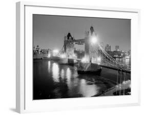 A View of Tower Bridge on the River Thames Illuminated at Night in London, April 1987-null-Framed Photographic Print