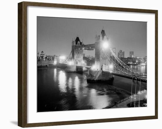 A View of Tower Bridge on the River Thames Illuminated at Night in London, April 1987-null-Framed Photographic Print