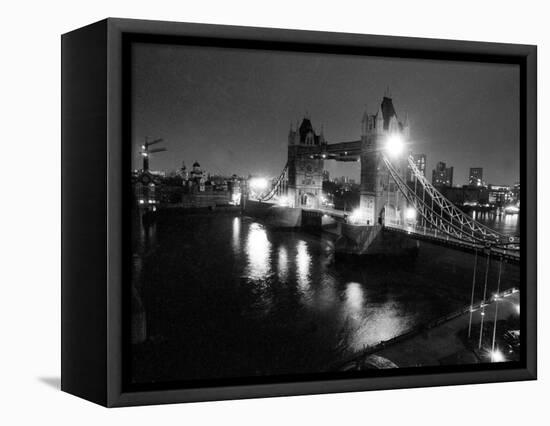 A View of Tower Bridge on the River Thames Illuminated at Night in London, April 1987-null-Framed Stretched Canvas