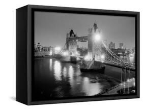 A View of Tower Bridge on the River Thames Illuminated at Night in London, April 1987-null-Framed Stretched Canvas