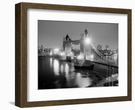 A View of Tower Bridge on the River Thames Illuminated at Night in London, April 1987-null-Framed Photographic Print