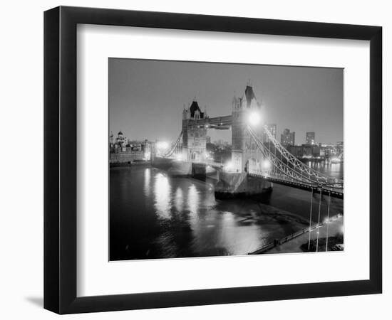 A View of Tower Bridge on the River Thames Illuminated at Night in London, April 1987-null-Framed Photographic Print