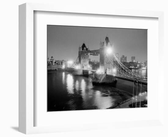 A View of Tower Bridge on the River Thames Illuminated at Night in London, April 1987-null-Framed Photographic Print