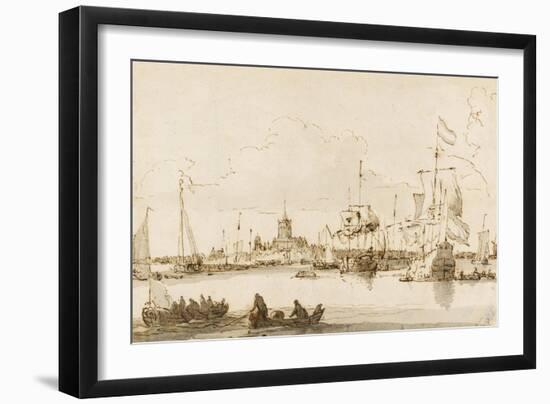 A View of Vlaardingen with Shipping in the Foreground (Pen and Ink with Wash on Paper)-Ludolf Backhuysen-Framed Giclee Print