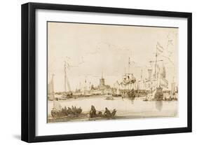 A View of Vlaardingen with Shipping in the Foreground (Pen and Ink with Wash on Paper)-Ludolf Backhuysen-Framed Giclee Print