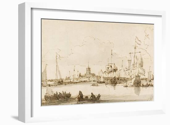 A View of Vlaardingen with Shipping in the Foreground (Pen and Ink with Wash on Paper)-Ludolf Backhuysen-Framed Giclee Print