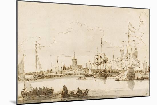 A View of Vlaardingen with Shipping in the Foreground (Pen and Ink with Wash on Paper)-Ludolf Backhuysen-Mounted Giclee Print