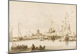 A View of Vlaardingen with Shipping in the Foreground (Pen and Ink with Wash on Paper)-Ludolf Backhuysen-Mounted Giclee Print