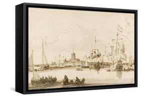 A View of Vlaardingen with Shipping in the Foreground (Pen and Ink with Wash on Paper)-Ludolf Backhuysen-Framed Stretched Canvas