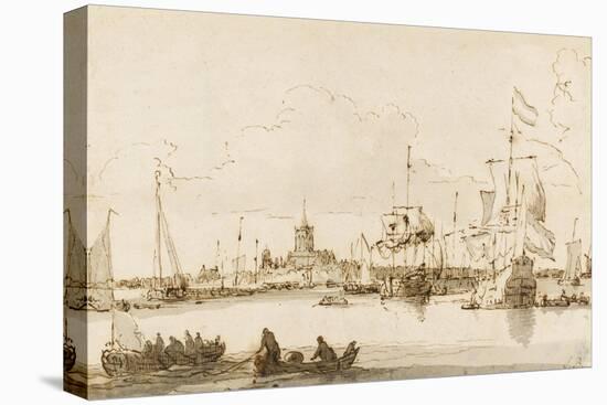 A View of Vlaardingen with Shipping in the Foreground (Pen and Ink with Wash on Paper)-Ludolf Backhuysen-Stretched Canvas