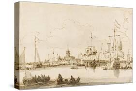 A View of Vlaardingen with Shipping in the Foreground (Pen and Ink with Wash on Paper)-Ludolf Backhuysen-Stretched Canvas