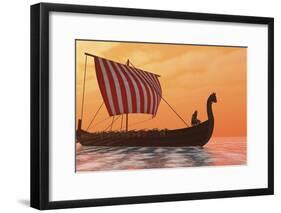 A Viking Longboat Sails Through Calm Ocean Waters-Stocktrek Images-Framed Art Print