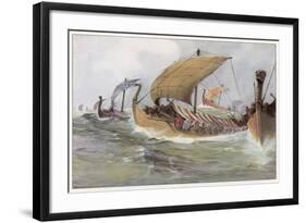 A Viking Raiding Fleet Racing across the North Sea-null-Framed Art Print