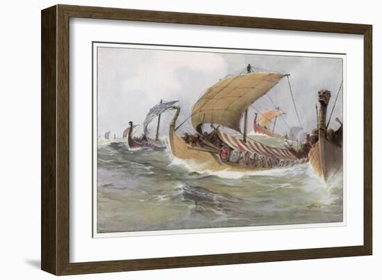 A Viking Raiding Fleet Racing across the North Sea-null-Framed Art Print