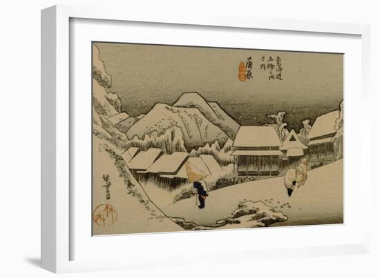 A Village Covered in Snow, with the Foreground Travelers with Straw Hats and Coats-Utagawa Hiroshige-Framed Art Print