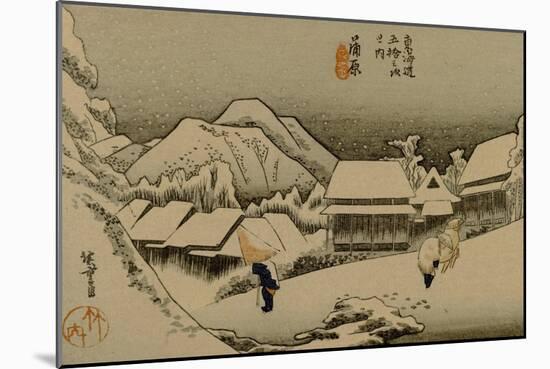 A Village Covered in Snow, with the Foreground Travelers with Straw Hats and Coats-Utagawa Hiroshige-Mounted Art Print