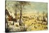 A Village in Winter with a Birdtrap and Skaters on a Frozen Waterway-Pieter Brueghel the Younger-Stretched Canvas