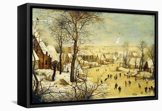 A Village in Winter with a Birdtrap and Skaters on a Frozen Waterway-Pieter Brueghel the Younger-Framed Stretched Canvas