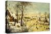 A Village in Winter with a Birdtrap and Skaters on a Frozen Waterway-Pieter Brueghel the Younger-Stretched Canvas