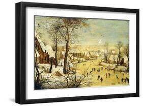 A Village in Winter with a Birdtrap and Skaters on a Frozen Waterway-Pieter Brueghel the Younger-Framed Giclee Print