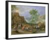 A Village Landscape with Figures Making Merry and Travellers Passing Through a Stream-Theobald Michau-Framed Giclee Print