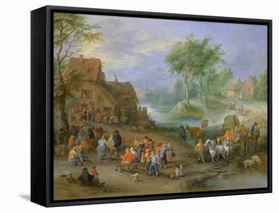 A Village Landscape with Figures Making Merry and Travellers Passing Through a Stream-Theobald Michau-Framed Stretched Canvas