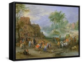 A Village Landscape with Figures Making Merry and Travellers Passing Through a Stream-Theobald Michau-Framed Stretched Canvas