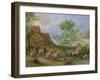 A Village Landscape with Figures Making Merry and Travellers Passing Through a Stream-Theobald Michau-Framed Giclee Print