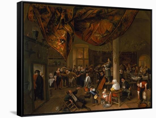 A Village Wedding Feast with Revellers and a Dancing Party, 1671-Jan Havicksz. Steen-Framed Stretched Canvas