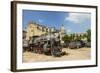 A Vintage Steam Train in a Restoration Yard with Dome of Former Parliament Building in Background-Sean Cooper-Framed Photographic Print