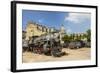 A Vintage Steam Train in a Restoration Yard with Dome of Former Parliament Building in Background-Sean Cooper-Framed Photographic Print