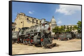A Vintage Steam Train in a Restoration Yard with Dome of Former Parliament Building in Background-Sean Cooper-Framed Stretched Canvas