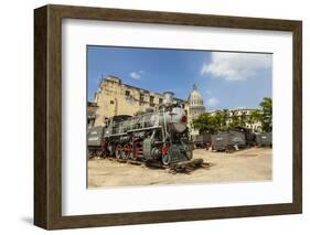 A Vintage Steam Train in a Restoration Yard with Dome of Former Parliament Building in Background-Sean Cooper-Framed Photographic Print