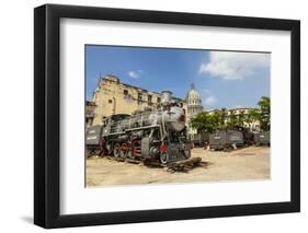 A Vintage Steam Train in a Restoration Yard with Dome of Former Parliament Building in Background-Sean Cooper-Framed Photographic Print