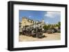 A Vintage Steam Train in a Restoration Yard with Dome of Former Parliament Building in Background-Sean Cooper-Framed Photographic Print