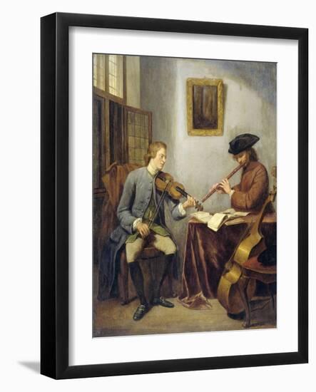 A Violinist and a Flutist Playing Music-Julius Henricus Quinkhard-Framed Art Print