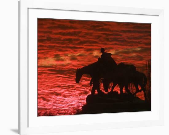 A Vivid Late-Autumn Sunset Silhouettes the Statue Known as Pioneer Mother at Penn Valley Park-null-Framed Photographic Print