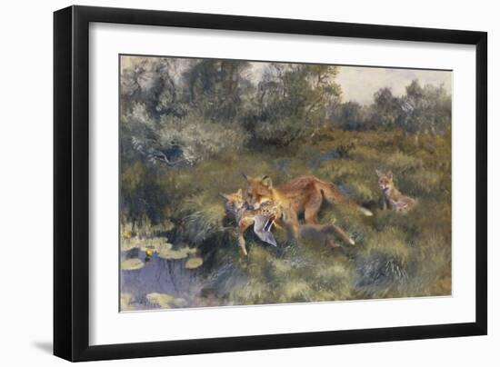 A Vixen with Her Cubs in a Wooded Marshy Landscape-Bruno Andreas Liljefors-Framed Giclee Print