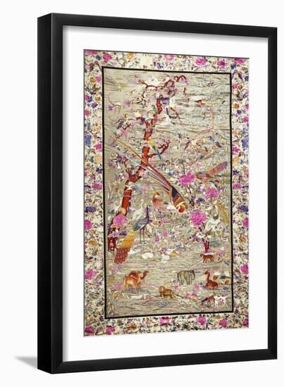 A Wall Hanging of Pearl Grey Silk Embroidered with a Menagerie of Exotic Animals, Including…-null-Framed Giclee Print