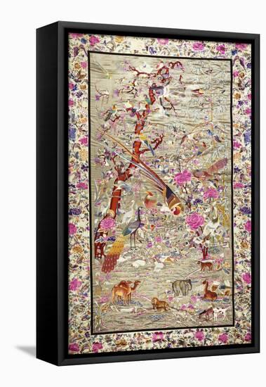 A Wall Hanging of Pearl Grey Silk Embroidered with a Menagerie of Exotic Animals, Including…-null-Framed Stretched Canvas