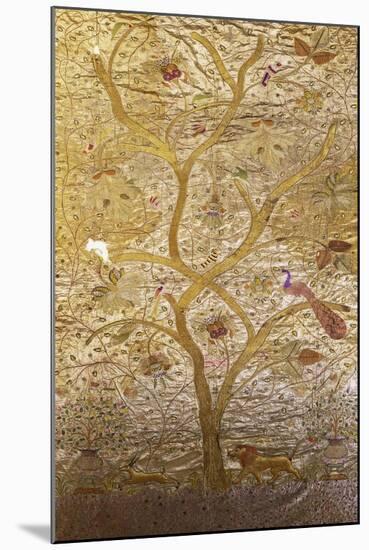 A Wall Hanging of Red Silk, Embroidered with a Tree of Life in Gilt Thread and Silks-null-Mounted Giclee Print