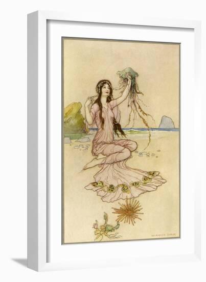 A Water-Nymph Sits on the Sand with a Nautilus-null-Framed Art Print