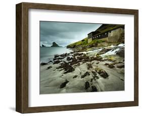 A Waterfall Cascading over the Black Sand Beach of Bour into the Sorvagsfjorour, Vagar Island, Faro-Kimberley Coole-Framed Photographic Print