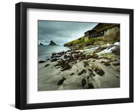 A Waterfall Cascading over the Black Sand Beach of Bour into the Sorvagsfjorour, Vagar Island, Faro-Kimberley Coole-Framed Photographic Print