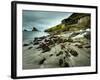 A Waterfall Cascading over the Black Sand Beach of Bour into the Sorvagsfjorour, Vagar Island, Faro-Kimberley Coole-Framed Photographic Print