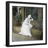 A Weeping Young Woman on the Steps of the Funerary Chapel at the Monumental Cemetery of Staglieno-Leon, Levy et Fils-Framed Photographic Print