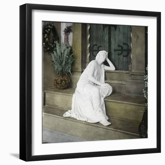A Weeping Young Woman on the Steps of the Funerary Chapel at the Monumental Cemetery of Staglieno-Leon, Levy et Fils-Framed Photographic Print