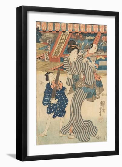 A wetnurse with children near the stands at the Kinryu Temple. Around 1850-Utagawa Kuniyoshi-Framed Giclee Print