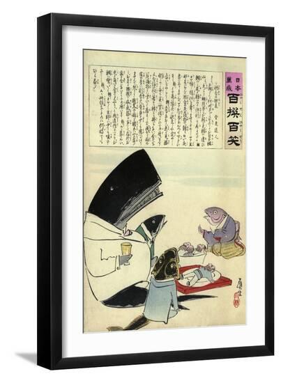 A Whale and Three Fish Sitting Down to a Formal Dinner of Russian Sailors-Kobayashi Kiyochika-Framed Giclee Print